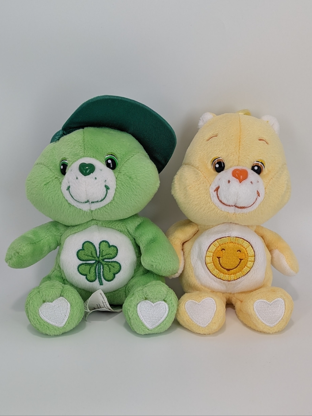 Vintage Care Bears GOOD LUCK Bear Green and FUNSHINE Bear Sunshine Yellow Plush